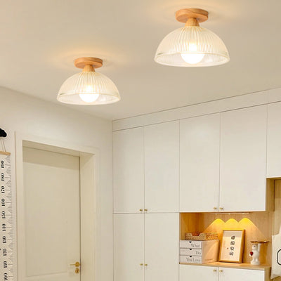 Luz de techo semiempotrada de 1 luz con cúpula redonda retro contemporánea de madera y vidrio para sala de estar 