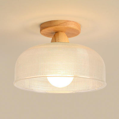 Luz de techo semiempotrada de 1 luz con cúpula redonda retro contemporánea de madera y vidrio para sala de estar 