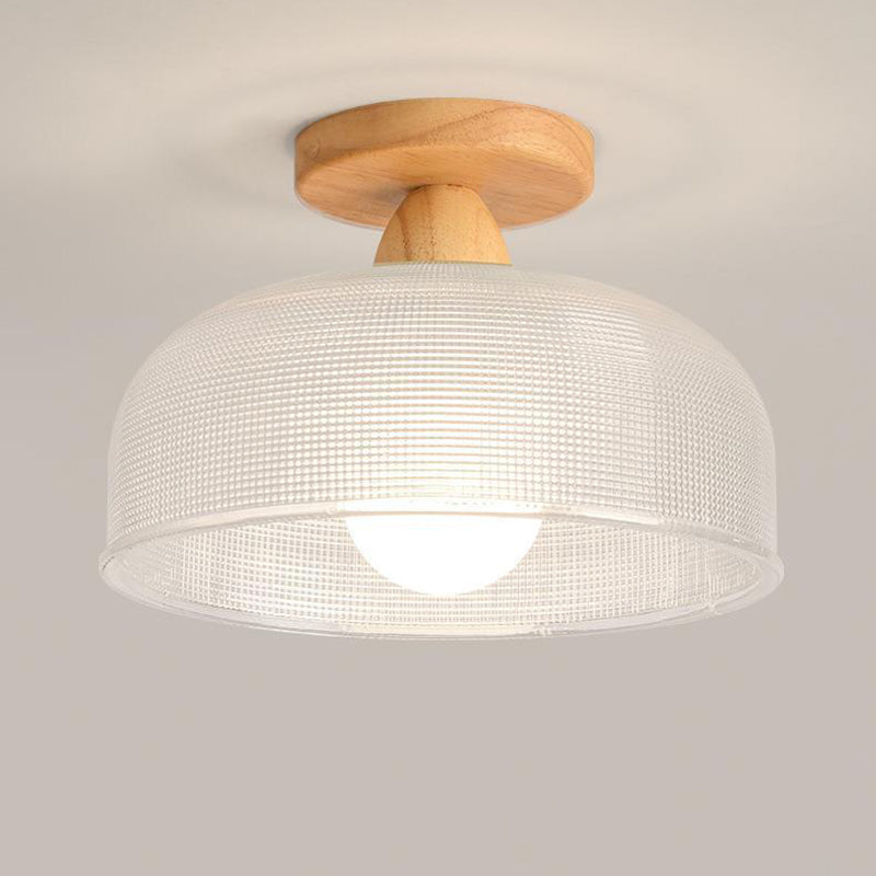 Luz de techo semiempotrada de 1 luz con cúpula redonda retro contemporánea de madera y vidrio para sala de estar 