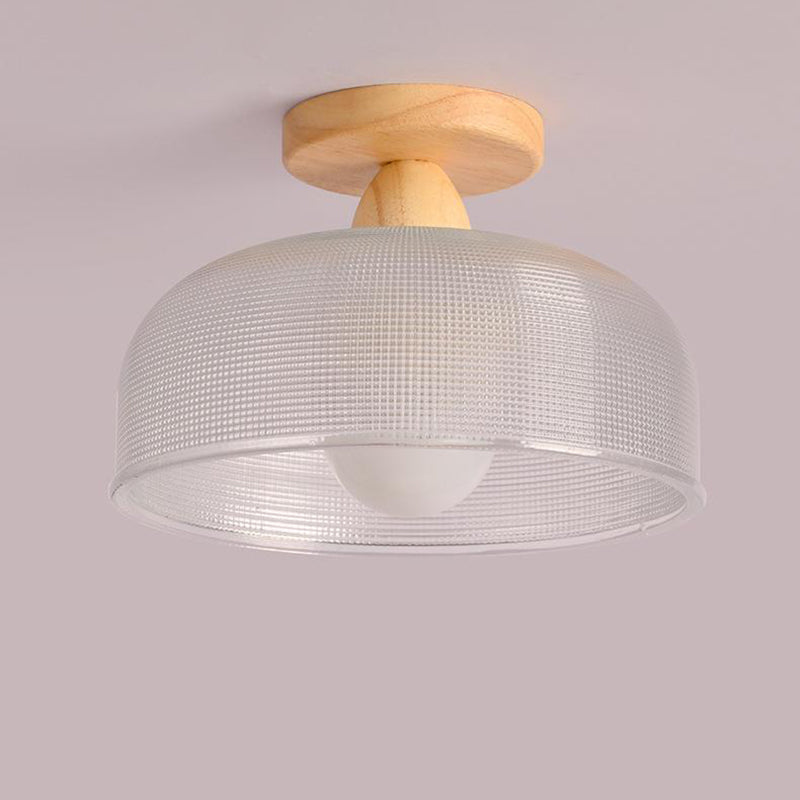 Luz de techo semiempotrada de 1 luz con cúpula redonda retro contemporánea de madera y vidrio para sala de estar 