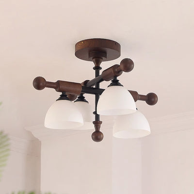 Traditionelle französische Kreuz-Deckenleuchte mit gewölbter Schale, Hardware, Holzrahmen, Glasschirm, 4 Lichter, halbbündige Montage, Deckenleuchte für Wohnzimmer 
