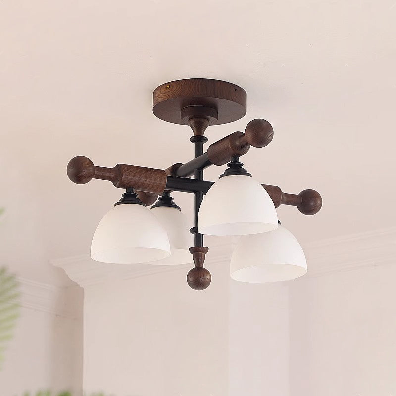 Traditionelle französische Kreuz-Deckenleuchte mit gewölbter Schale, Hardware, Holzrahmen, Glasschirm, 4 Lichter, halbbündige Montage, Deckenleuchte für Wohnzimmer 