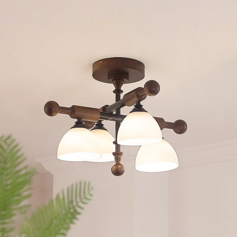 Traditionelle französische Kreuz-Deckenleuchte mit gewölbter Schale, Hardware, Holzrahmen, Glasschirm, 4 Lichter, halbbündige Montage, Deckenleuchte für Wohnzimmer 