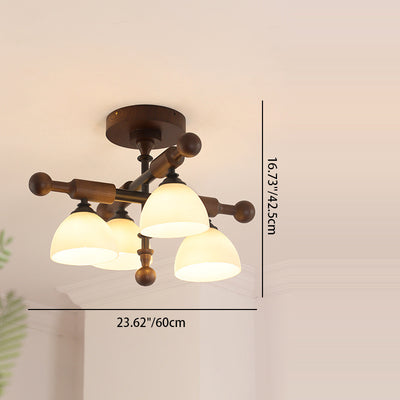 Traditionelle französische Kreuz-Deckenleuchte mit gewölbter Schale, Hardware, Holzrahmen, Glasschirm, 4 Lichter, halbbündige Montage, Deckenleuchte für Wohnzimmer 