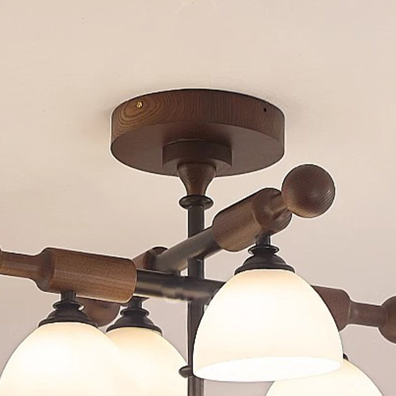 Traditionelle französische Kreuz-Deckenleuchte mit gewölbter Schale, Hardware, Holzrahmen, Glasschirm, 4 Lichter, halbbündige Montage, Deckenleuchte für Wohnzimmer 