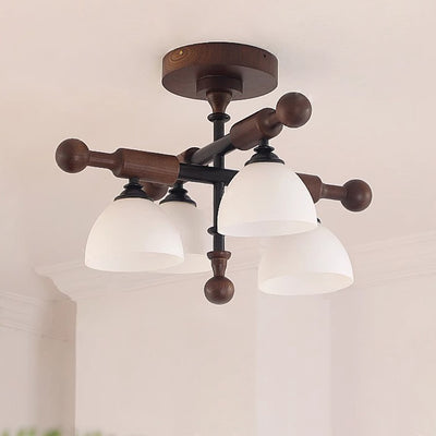 Traditionelle französische Kreuz-Deckenleuchte mit gewölbter Schale, Hardware, Holzrahmen, Glasschirm, 4 Lichter, halbbündige Montage, Deckenleuchte für Wohnzimmer 