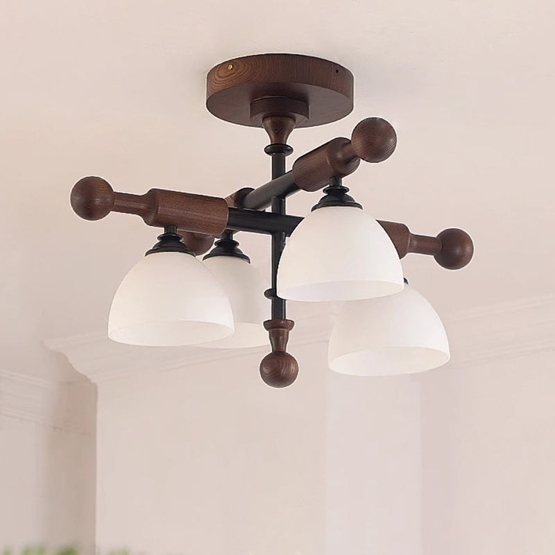 Traditionelle französische Kreuz-Deckenleuchte mit gewölbter Schale, Hardware, Holzrahmen, Glasschirm, 4 Lichter, halbbündige Montage, Deckenleuchte für Wohnzimmer 