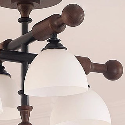 Traditionelle französische Kreuz-Deckenleuchte mit gewölbter Schale, Hardware, Holzrahmen, Glasschirm, 4 Lichter, halbbündige Montage, Deckenleuchte für Wohnzimmer 