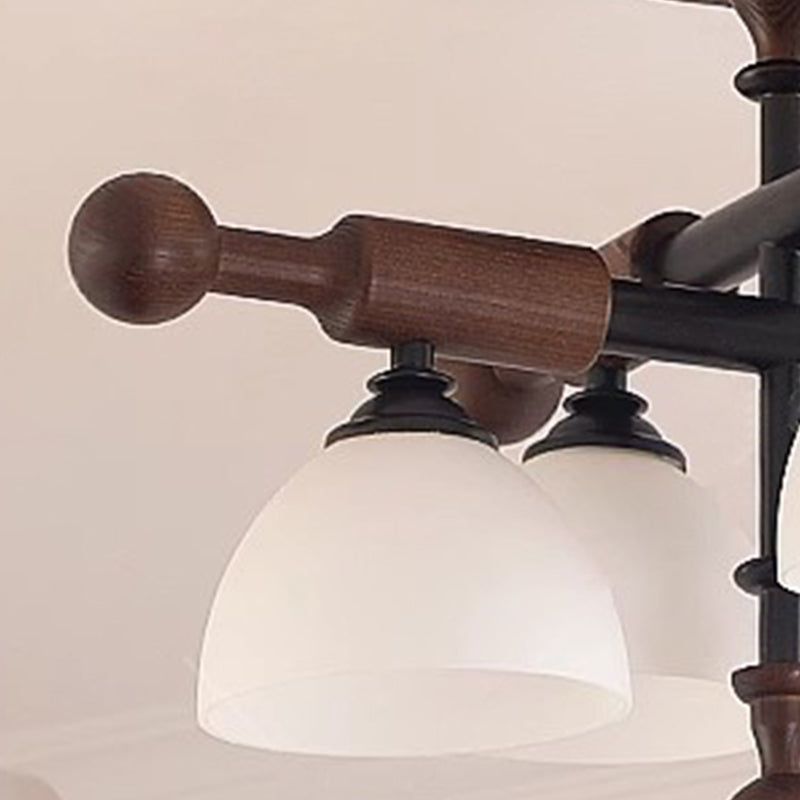 Traditionelle französische Kreuz-Deckenleuchte mit gewölbter Schale, Hardware, Holzrahmen, Glasschirm, 4 Lichter, halbbündige Montage, Deckenleuchte für Wohnzimmer 