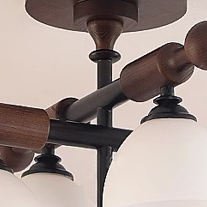 Traditionelle französische Kreuz-Deckenleuchte mit gewölbter Schale, Hardware, Holzrahmen, Glasschirm, 4 Lichter, halbbündige Montage, Deckenleuchte für Wohnzimmer 