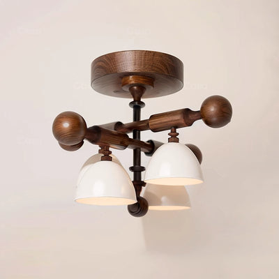 Traditionelle französische Kreuz-Deckenleuchte mit gewölbter Schale, Hardware, Holzrahmen, Glasschirm, 4 Lichter, halbbündige Montage, Deckenleuchte für Wohnzimmer 