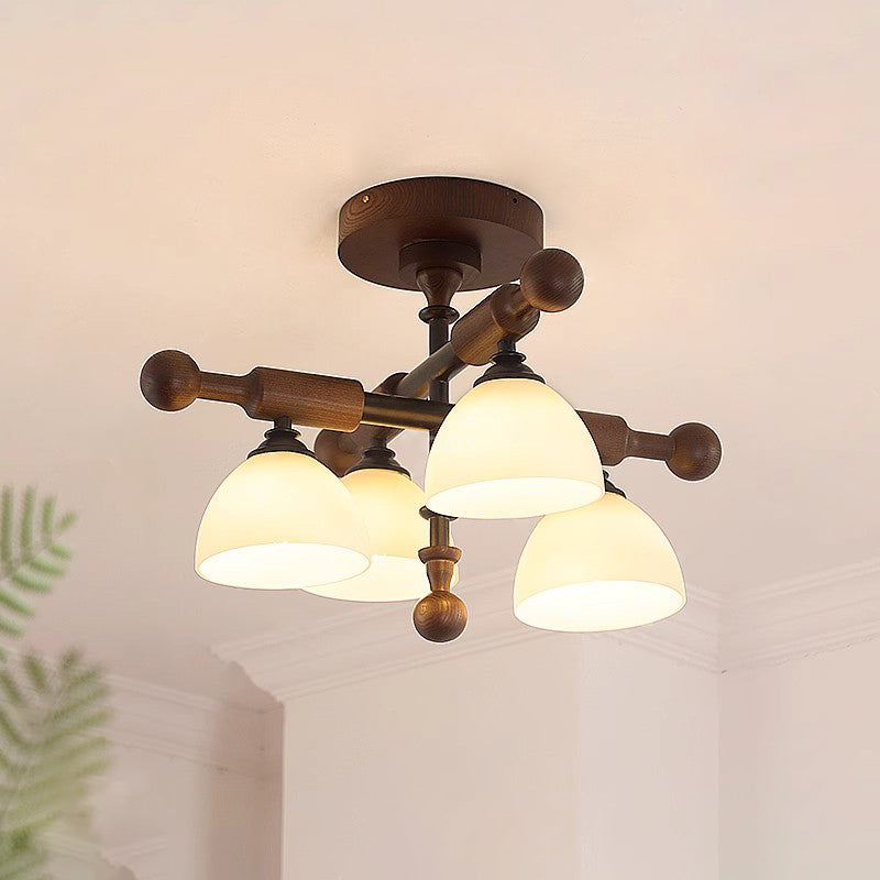 Traditionelle französische Kreuz-Deckenleuchte mit gewölbter Schale, Hardware, Holzrahmen, Glasschirm, 4 Lichter, halbbündige Montage, Deckenleuchte für Wohnzimmer 