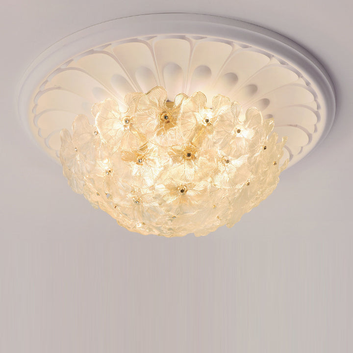 Traditionelle französische runde Kuppelblumen-Deckenleuchte mit Eisenrahmen und Glasschirm, 6/9/14 Lichter, Unterputz-Deckenleuchte für Wohnzimmer 