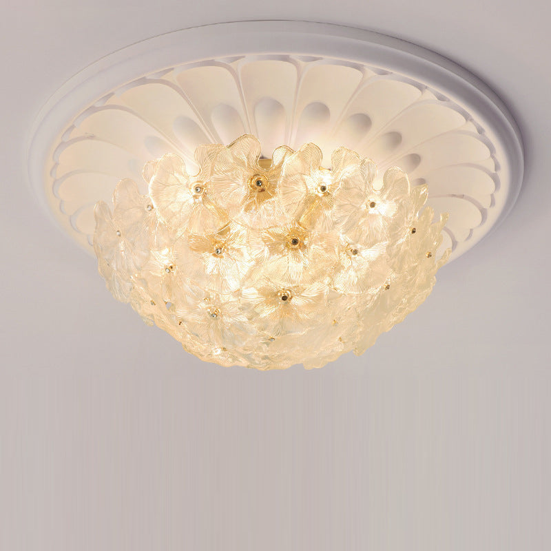 Traditionelle französische runde Kuppelblumen-Deckenleuchte mit Eisenrahmen und Glasschirm, 6/9/14 Lichter, Unterputz-Deckenleuchte für Wohnzimmer 