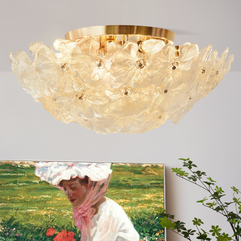 Traditionelle französische runde Kuppelblumen-Deckenleuchte mit Eisenrahmen und Glasschirm, 6/9/14 Lichter, Unterputz-Deckenleuchte für Wohnzimmer 