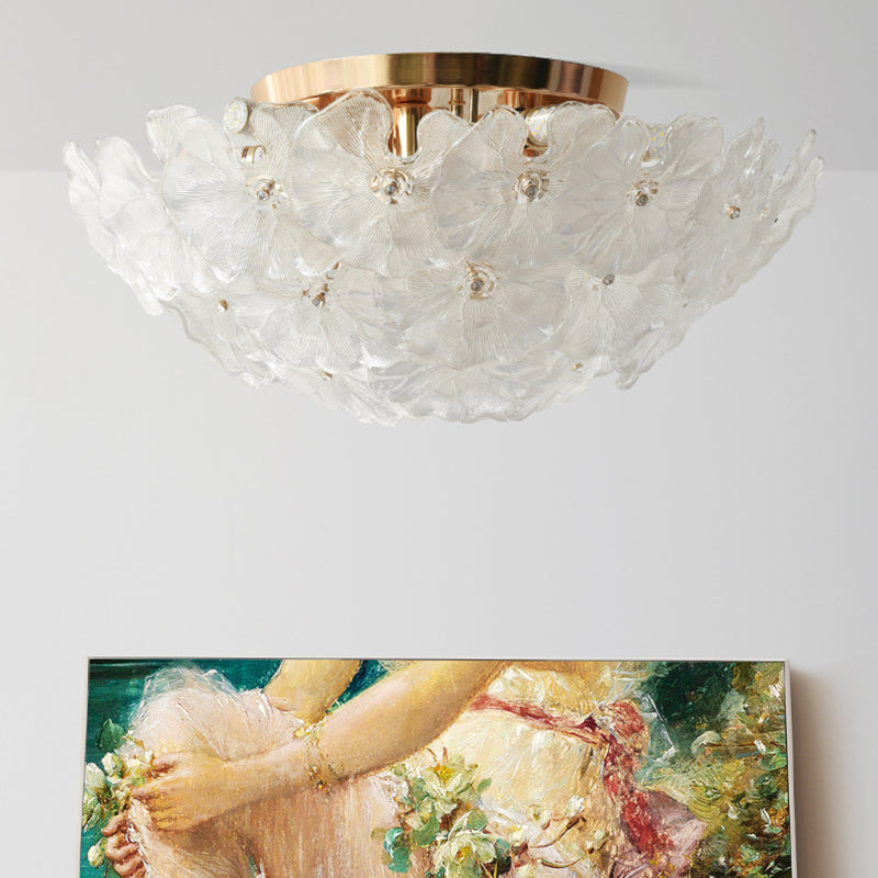 Traditionelle französische runde Kuppelblumen-Deckenleuchte mit Eisenrahmen und Glasschirm, 6/9/14 Lichter, Unterputz-Deckenleuchte für Wohnzimmer 