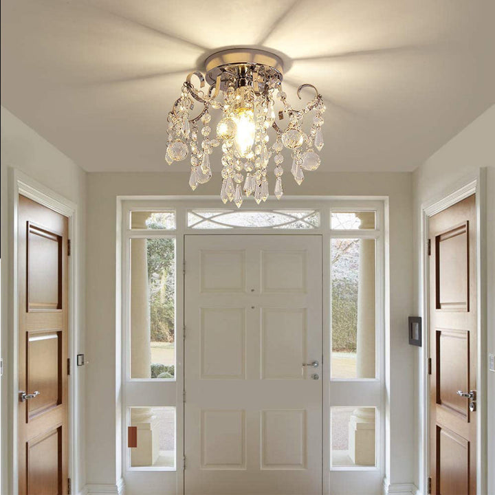 Modern Minimalist Round Branch Iron Crystal 1-Light Semi-Flush Mount Ceiling Light For Living Room
