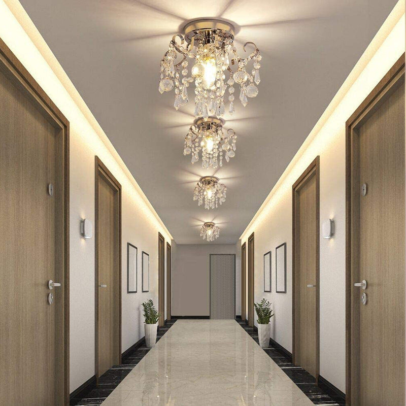 Modern Minimalist Round Branch Iron Crystal 1-Light Semi-Flush Mount Ceiling Light For Living Room