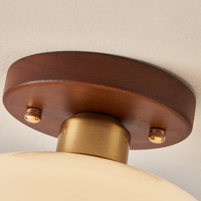 Contemporary Retro Round Oval Orb Hardware Wood Frame Glass Shade 1-Light Semi-Flush Mount Ceiling Light For Living Room