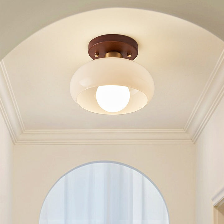 Contemporary Retro Round Oval Orb Hardware Wood Frame Glass Shade 1-Light Semi-Flush Mount Ceiling Light For Living Room