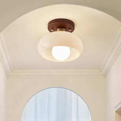 Contemporary Retro Round Oval Orb Hardware Wood Frame Glass Shade 1-Light Semi-Flush Mount Ceiling Light For Living Room
