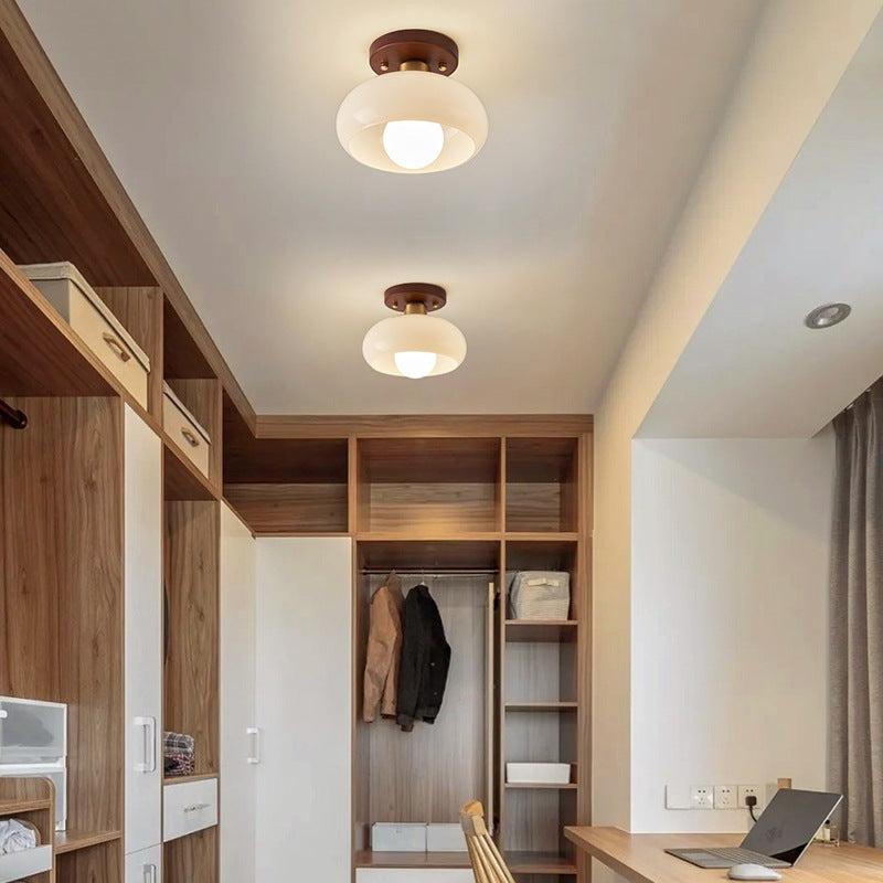 Contemporary Retro Round Oval Orb Hardware Wood Frame Glass Shade 1-Light Semi-Flush Mount Ceiling Light For Living Room