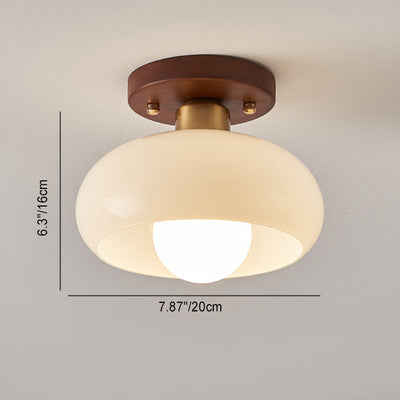 Contemporary Retro Round Oval Orb Hardware Wood Frame Glass Shade 1-Light Semi-Flush Mount Ceiling Light For Living Room