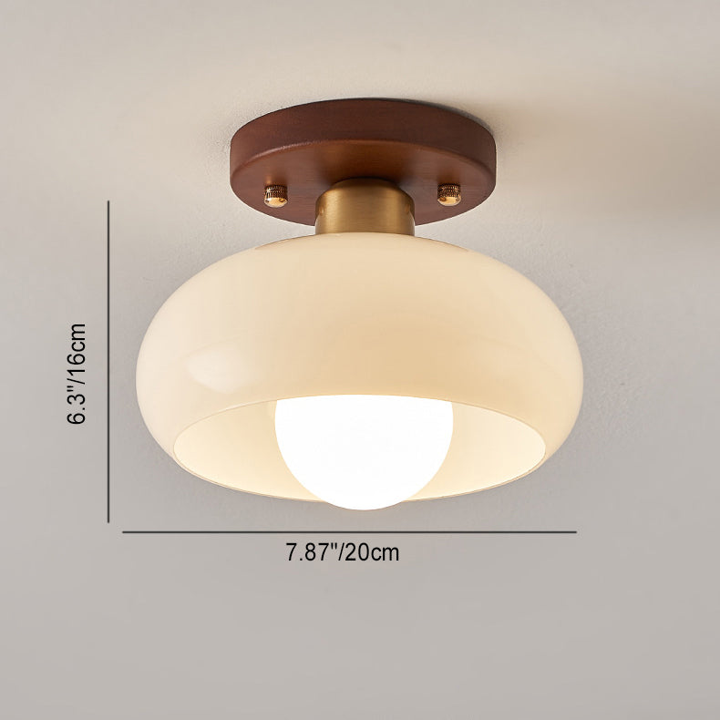 Contemporary Retro Round Oval Orb Hardware Wood Frame Glass Shade 1-Light Semi-Flush Mount Ceiling Light For Living Room