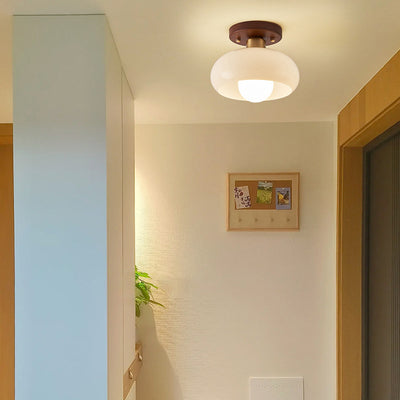 Contemporary Retro Round Oval Orb Hardware Wood Frame Glass Shade 1-Light Semi-Flush Mount Ceiling Light For Living Room