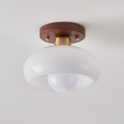 Contemporary Retro Round Oval Orb Hardware Wood Frame Glass Shade 1-Light Semi-Flush Mount Ceiling Light For Living Room