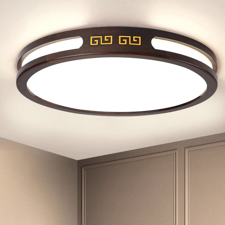 Plafonnier LED avec cadre en bois de caoutchouc rond carré traditionnel chinois et abat-jour en acrylique pour chambre à coucher 
