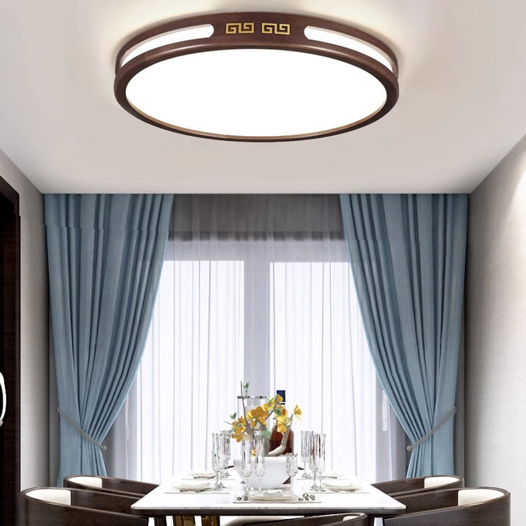 Plafonnier LED avec cadre en bois de caoutchouc rond carré traditionnel chinois et abat-jour en acrylique pour chambre à coucher 