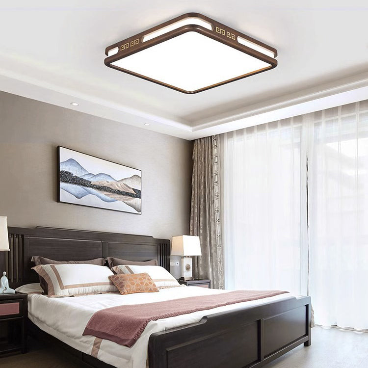 Plafonnier LED avec cadre en bois de caoutchouc rond carré traditionnel chinois et abat-jour en acrylique pour chambre à coucher 