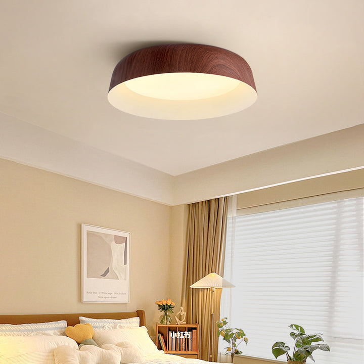 Luz de techo empotrada LED de montaje al ras con disco redondo nórdico contemporáneo de grano de madera, hierro y PVC para dormitorio 