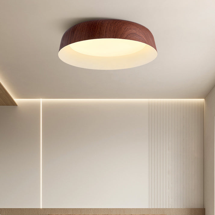 Luz de techo empotrada LED de montaje al ras con disco redondo nórdico contemporáneo de grano de madera, hierro y PVC para dormitorio 