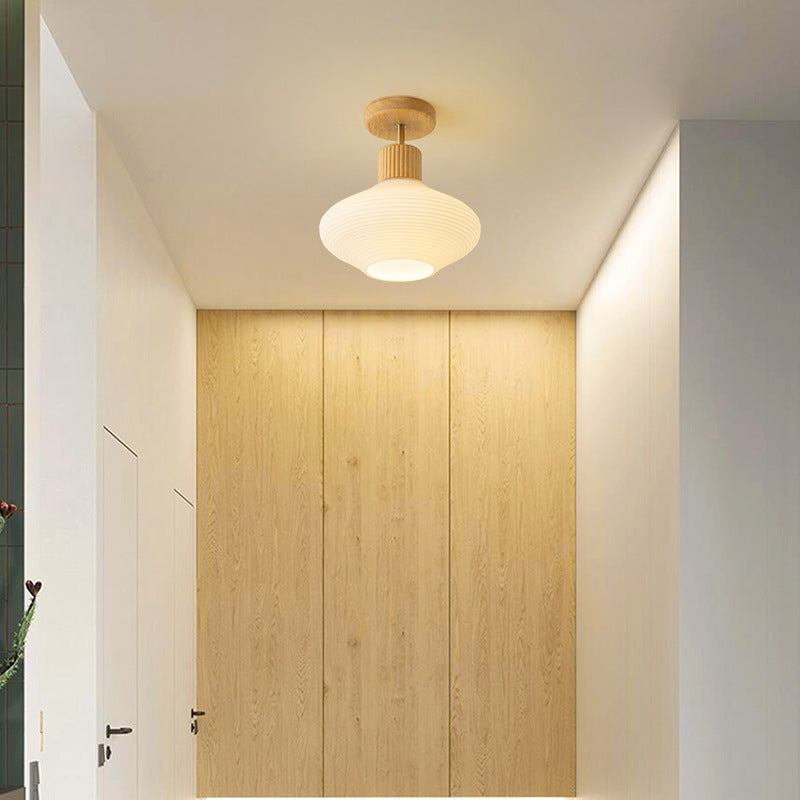 Luz de techo semiempotrada de 1 luz con pantalla de vidrio redonda ovalada de rayas minimalista moderna con marco de madera para pasillo 