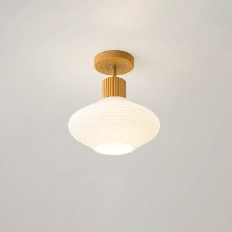 Luz de techo semiempotrada de 1 luz con pantalla de vidrio redonda ovalada de rayas minimalista moderna con marco de madera para pasillo 