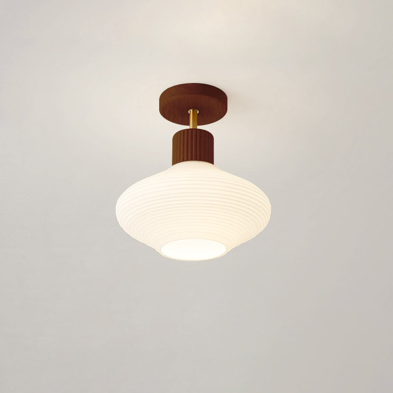 Luz de techo semiempotrada de 1 luz con pantalla de vidrio redonda ovalada de rayas minimalista moderna con marco de madera para pasillo 