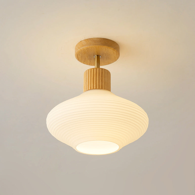 Luz de techo semiempotrada de 1 luz con pantalla de vidrio redonda ovalada de rayas minimalista moderna con marco de madera para pasillo 