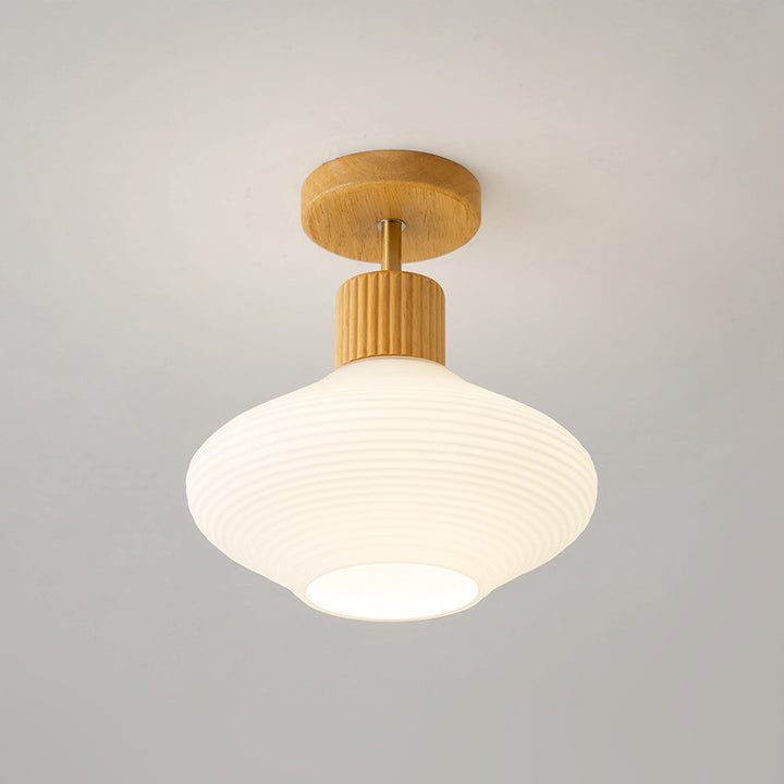Luz de techo semiempotrada de 1 luz con pantalla de vidrio redonda ovalada de rayas minimalista moderna con marco de madera para pasillo 