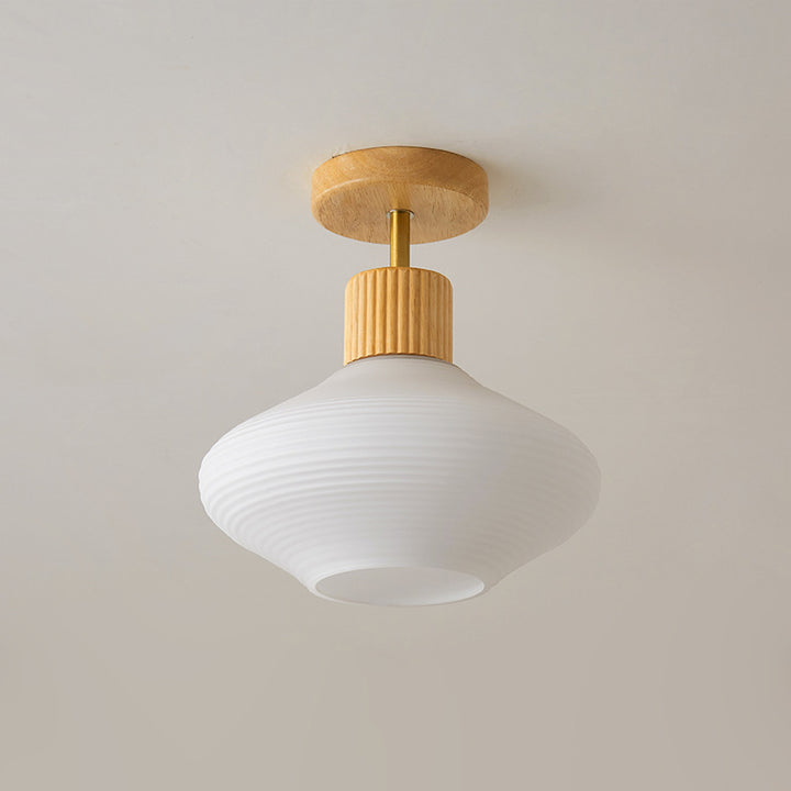 Luz de techo semiempotrada de 1 luz con pantalla de vidrio redonda ovalada de rayas minimalista moderna con marco de madera para pasillo 