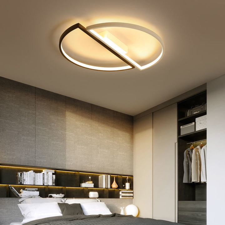 Lumière de plafond LED encastrée moderne minimaliste ronde à double demi-cercle en combinaison de fer, aluminium et acrylique pour chambre 