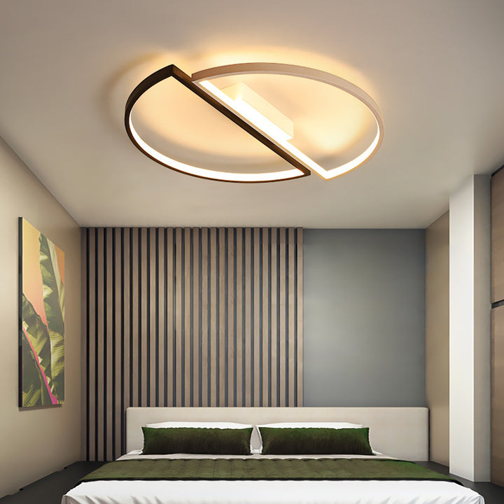 Lumière de plafond LED encastrée moderne minimaliste ronde à double demi-cercle en combinaison de fer, aluminium et acrylique pour chambre 