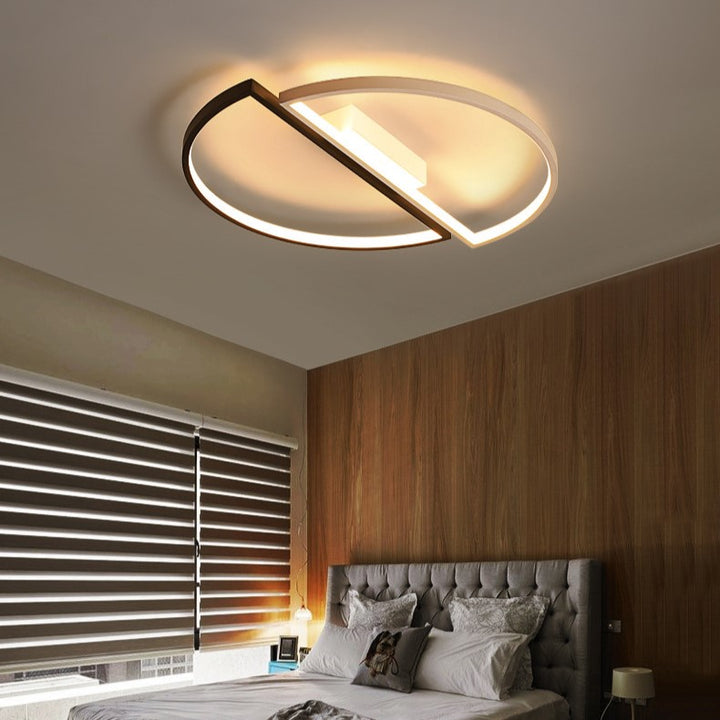 Lumière de plafond LED encastrée moderne minimaliste ronde à double demi-cercle en combinaison de fer, aluminium et acrylique pour chambre 
