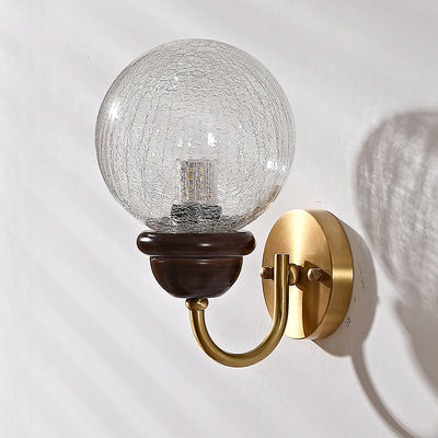 Contemporary Retro Curved Pole Orb Full Brass Wood Frame Glass Shade 1-Light Wall Sconce Lamp For Living Room
