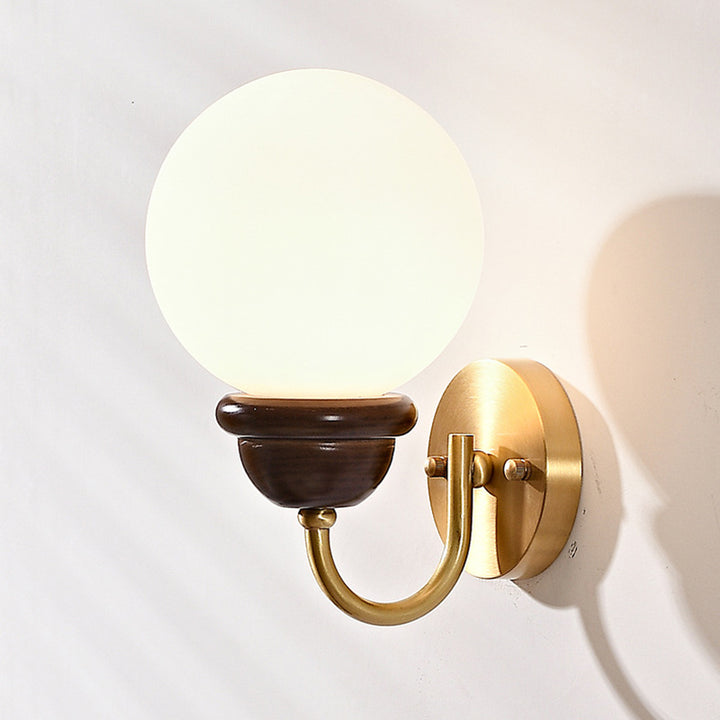 Contemporary Retro Curved Pole Orb Full Brass Wood Frame Glass Shade 1-Light Wall Sconce Lamp For Living Room