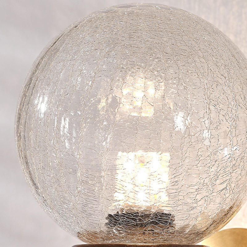 Contemporary Retro Curved Pole Orb Full Brass Wood Frame Glass Shade 1-Light Wall Sconce Lamp For Living Room