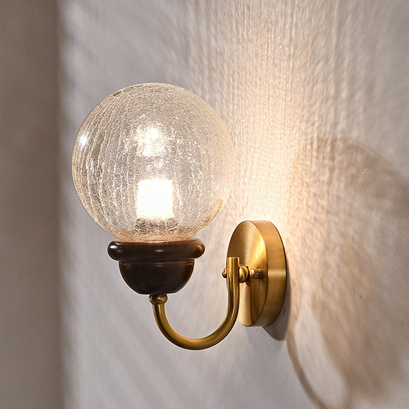 Contemporary Retro Curved Pole Orb Full Brass Wood Frame Glass Shade 1-Light Wall Sconce Lamp For Living Room