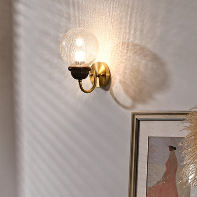 Contemporary Retro Curved Pole Orb Full Brass Wood Frame Glass Shade 1-Light Wall Sconce Lamp For Living Room