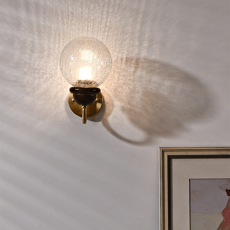 Contemporary Retro Curved Pole Orb Full Brass Wood Frame Glass Shade 1-Light Wall Sconce Lamp For Living Room